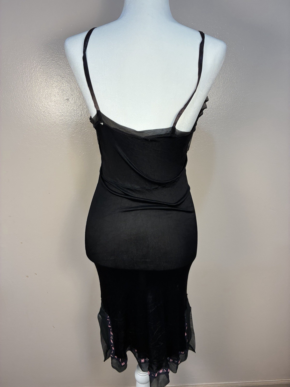 Vintage Unbranded Nylon Ribbon Rose Milkmaid Midi Dress Slip Goth Black Pink S