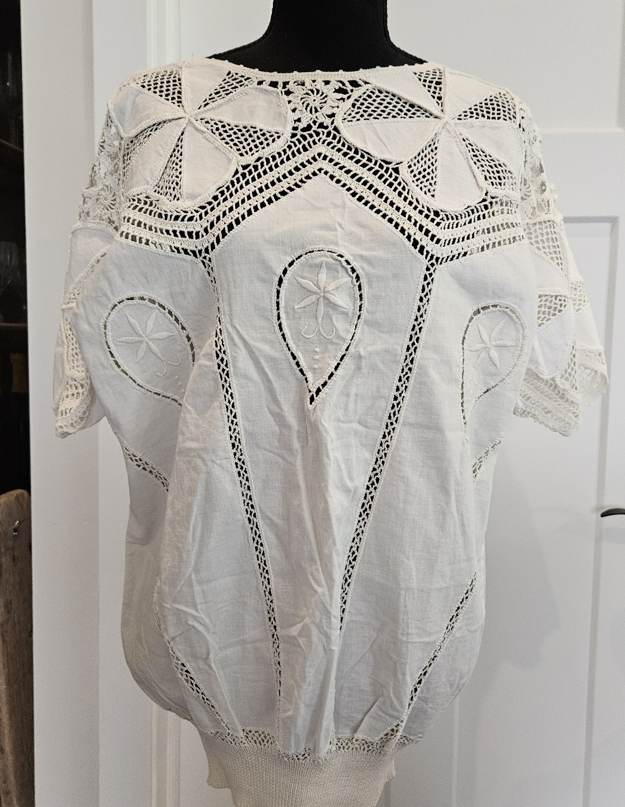 VTG NOS Hand Made BANDO Crochet Lace 100% Cotton Linen Tunic Large Women&rsquo;s Top