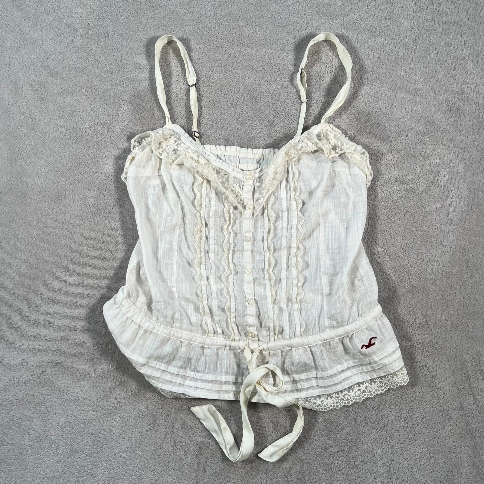 Hollister Y2K White Cami Tank Top Lace Trim Babydoll Ruffle Button Tie Front S
