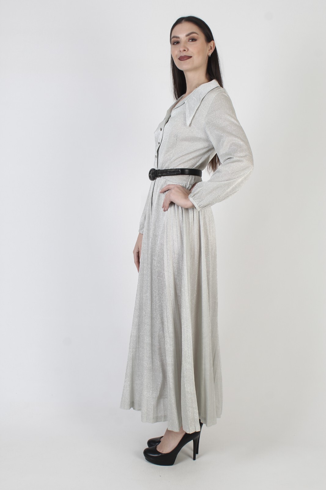 Vintage Silver Metallic Dress Dagger Butterfly Collar Long Cocktail Pockets Maxi