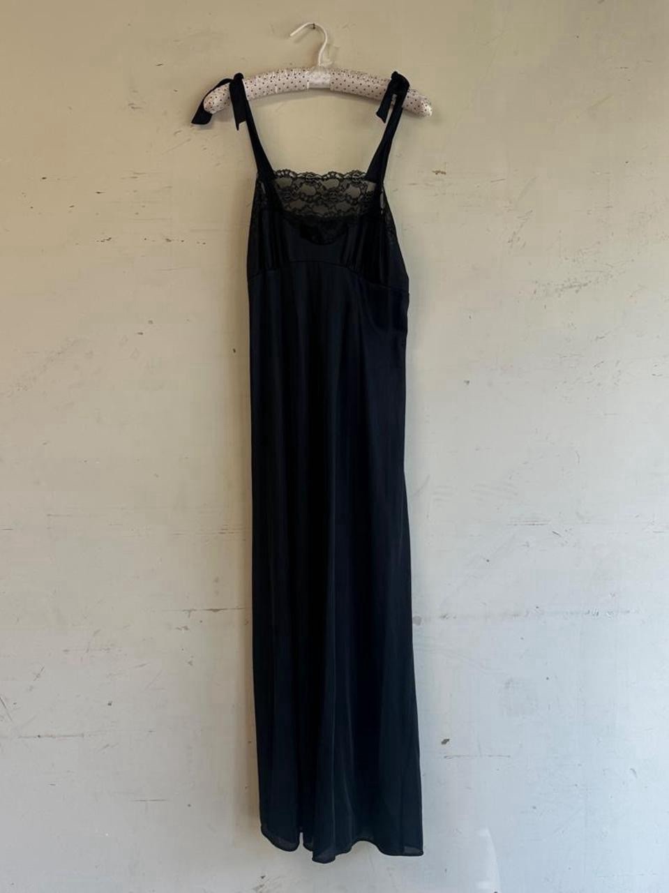 Vintage 70s black lace slip dress tie shoulders nightgown lingerie