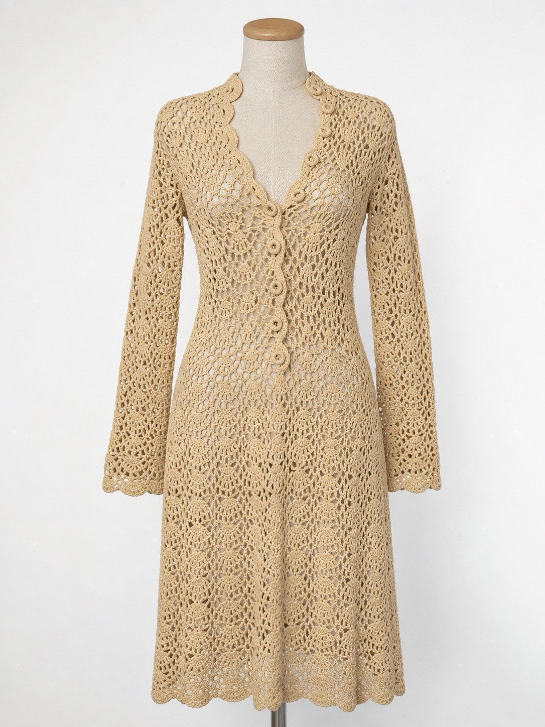 VTG Open Knit Cream Crochet Dress High Neck Boho Buttons 60’s/70’s Sz M