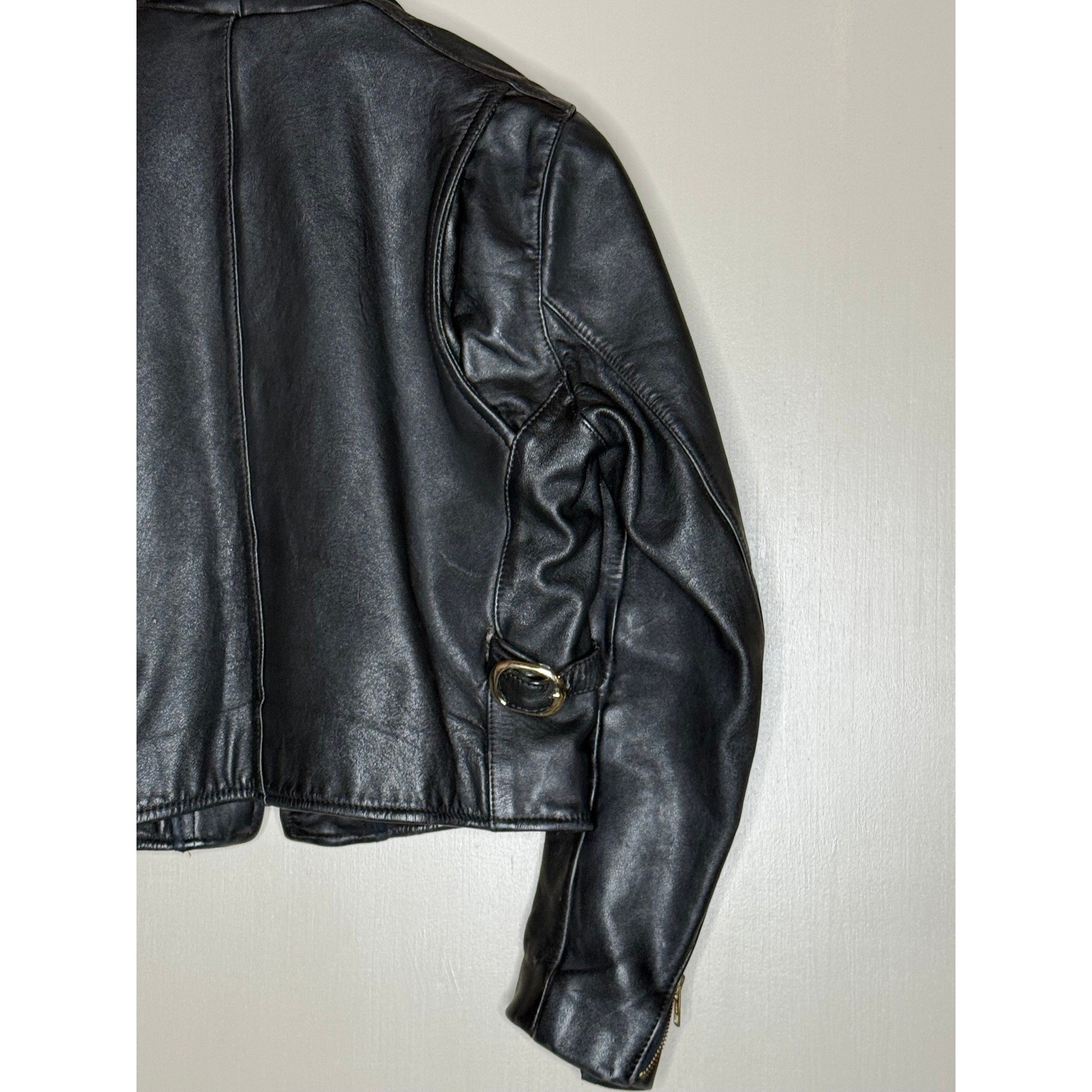 Schott-style heavyweight leather moto jacket single rider black vintage