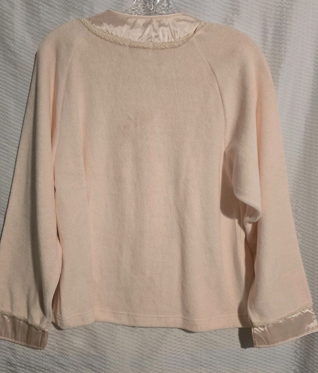 Vintage Bed Jacket Soft Terrycloth Long Sleeve Pink Satin Silk Lace Trim XS/S