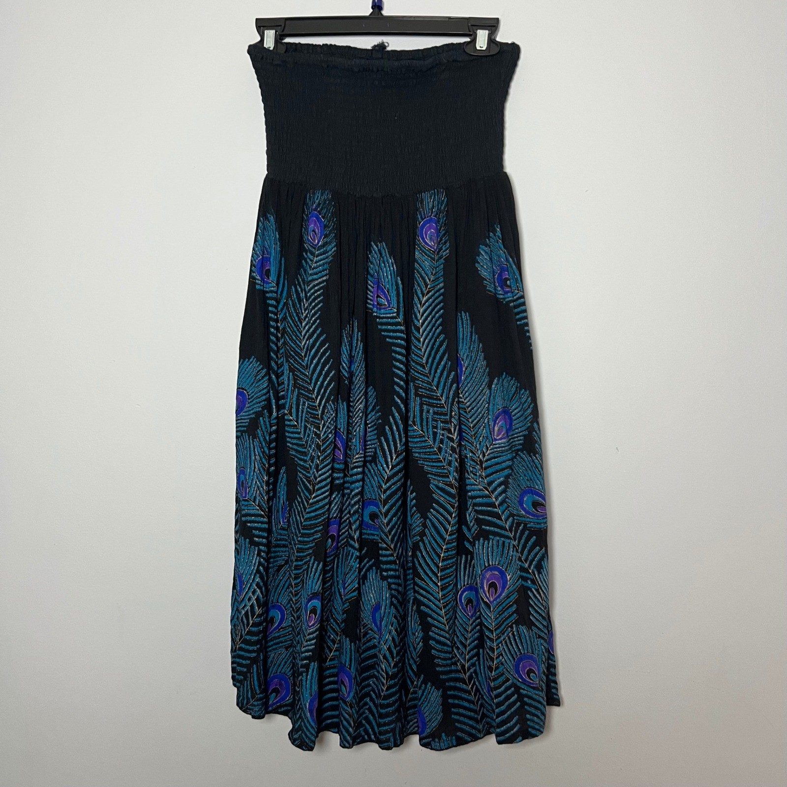 Womens Large Black Peacock Feather Smocked Strapless Sequin Mini Dress Y2K 90&rsquo;s