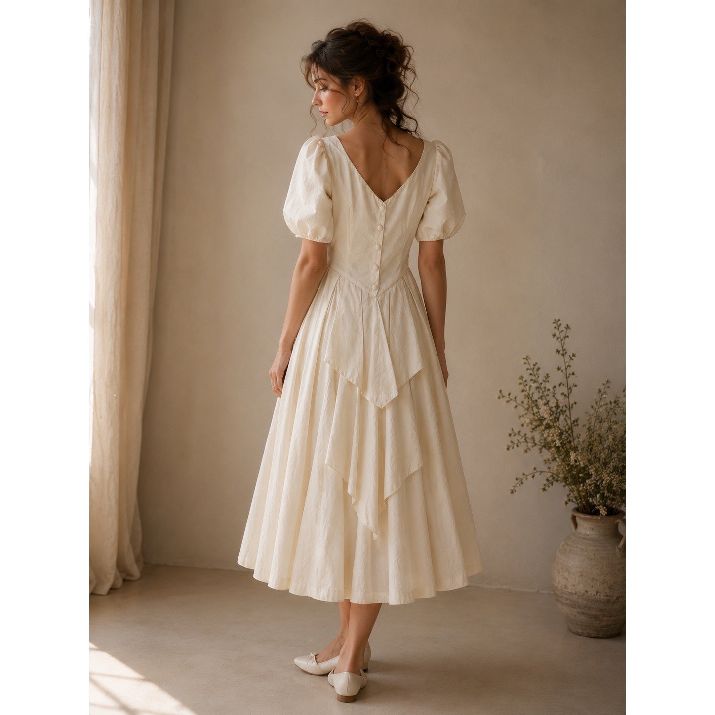 Laura Ashley Dress Womens 10 Cream Vintage 80s Cotton Puff Sleeve Midi V-Neck