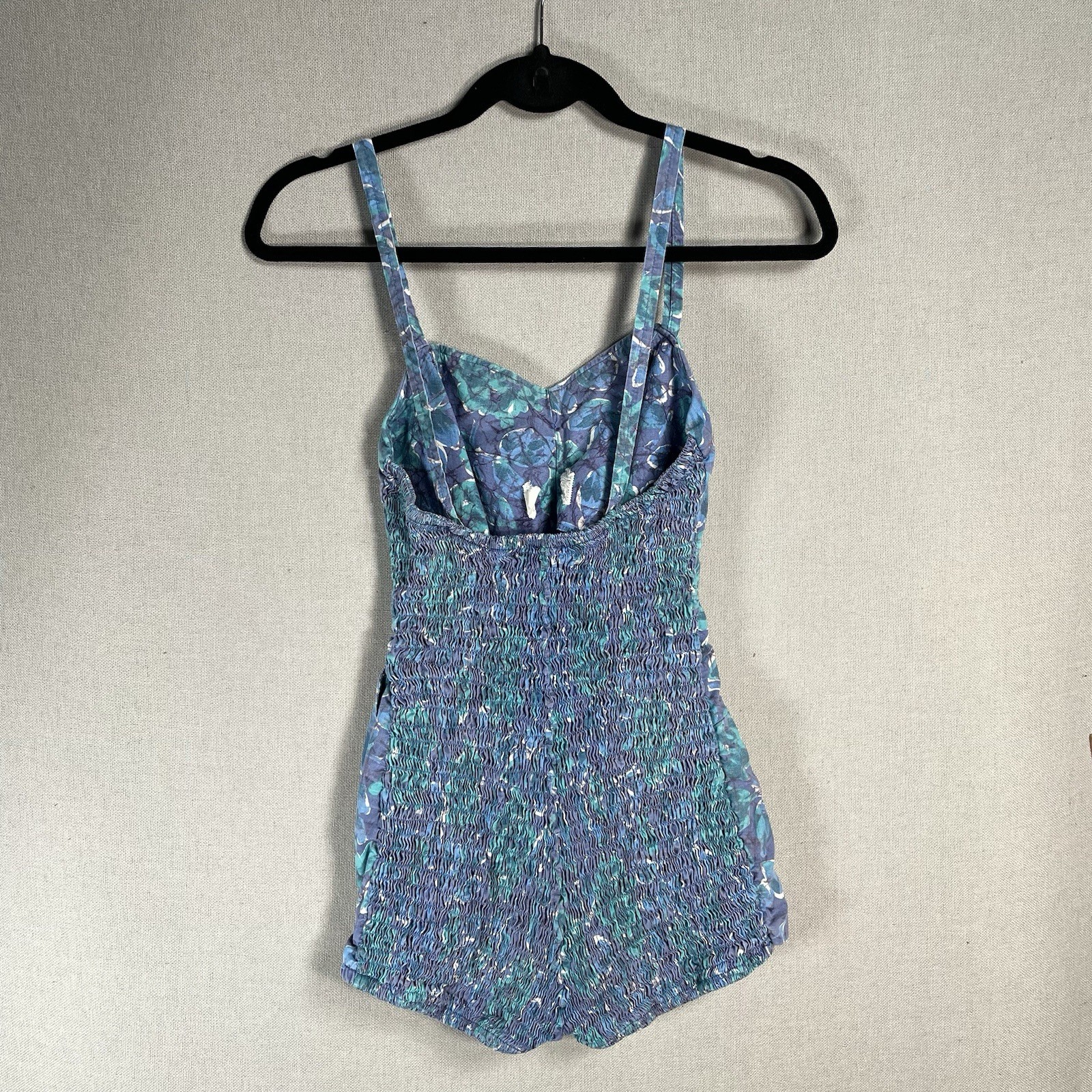 VINTAGE 50s Cotton One Piece Bathing Swimsuit Womens XS Blue Floral Pinup