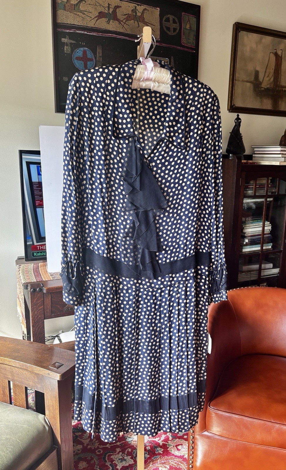 Amazing Ornate 1920s Blue Silk Chiffon Polka dots Drop Waist Dress SZ M to LG