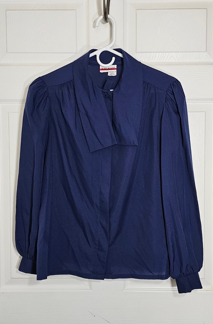 Judy Bond Blue Sheer Long Sleeve Blouse Button Up Pussy Bow Vintage 60s Size 14