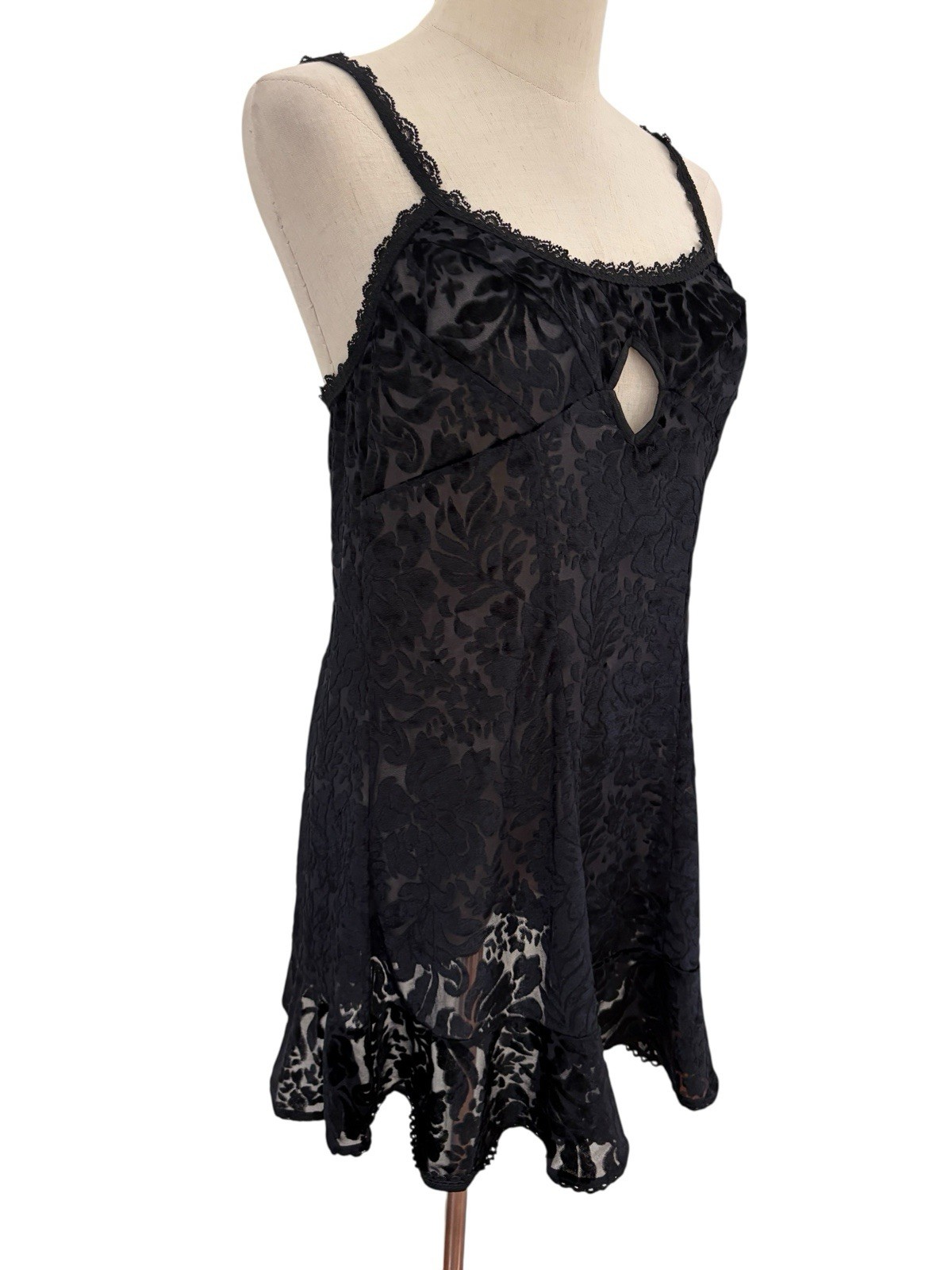 Vtg 90s Intimates By Flora Black Burnout Velvet Babydoll Nightie Lace Keyhole M