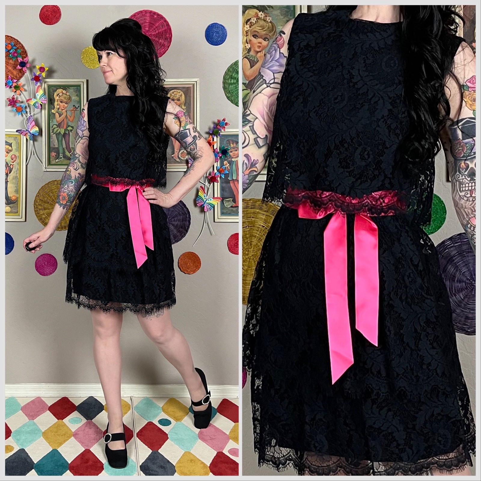 Vintage 1970s Black Sleeveless Tiered Lace Mini Dress | 26&Prime; Waist