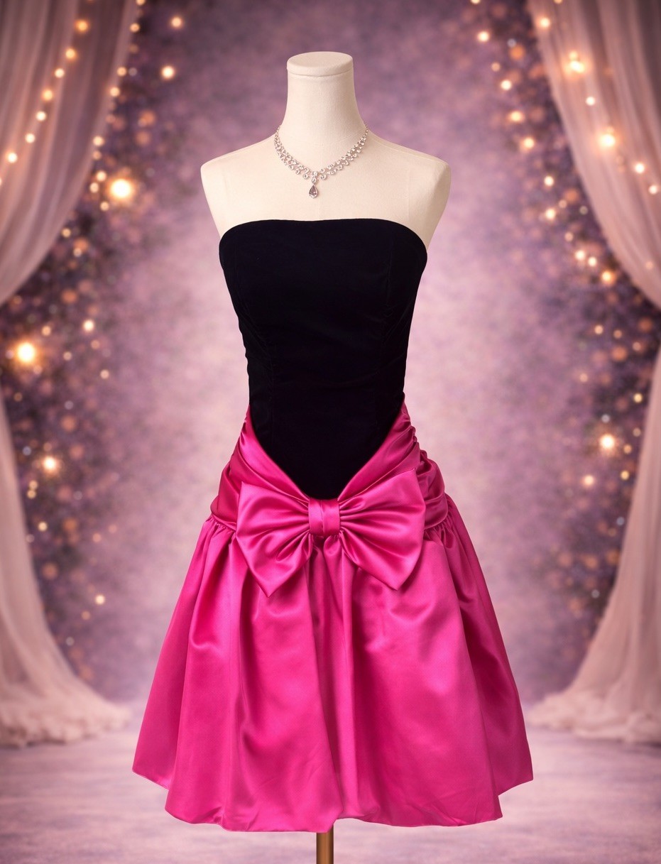 Vtg Scarlett Nite Prom Dress Pink Black Velvet Short Bubble Strapless Bow 7/8