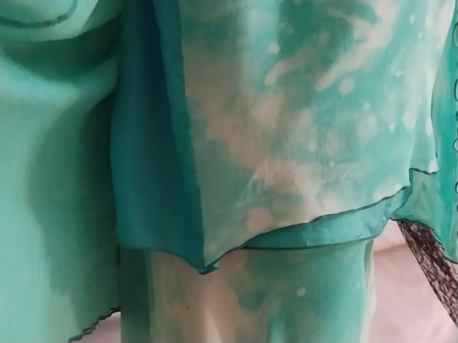 VTG SILK YOLANDA LORENTE HAND PAINTED FLORAL seafoam LAYERS SKIRT BLOUSE L 44