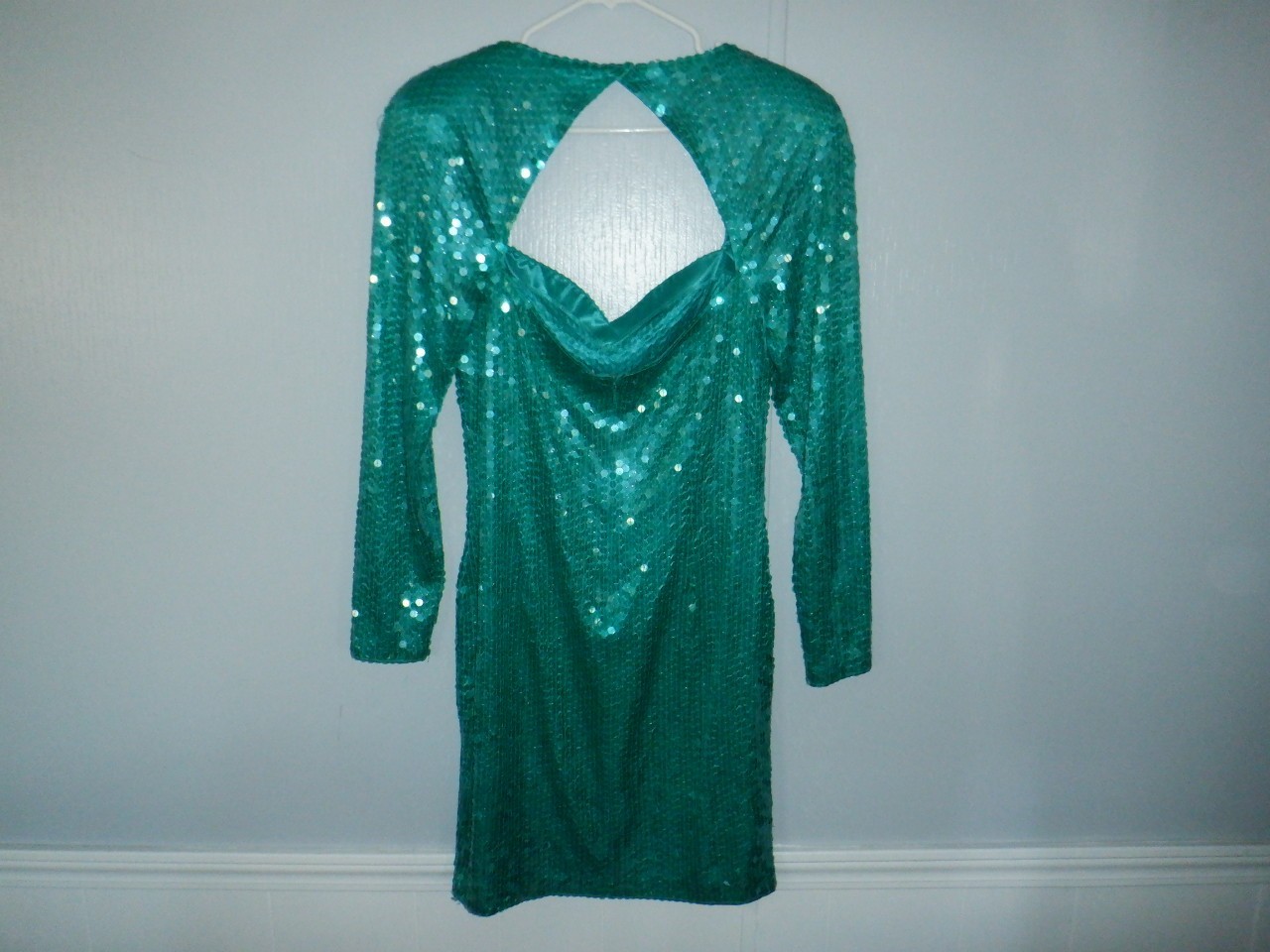 VINTAGE 80s Women&rsquo;s NITELINE Sz 14 Green SEQUIN Bodycon LS Formal Evening Dress