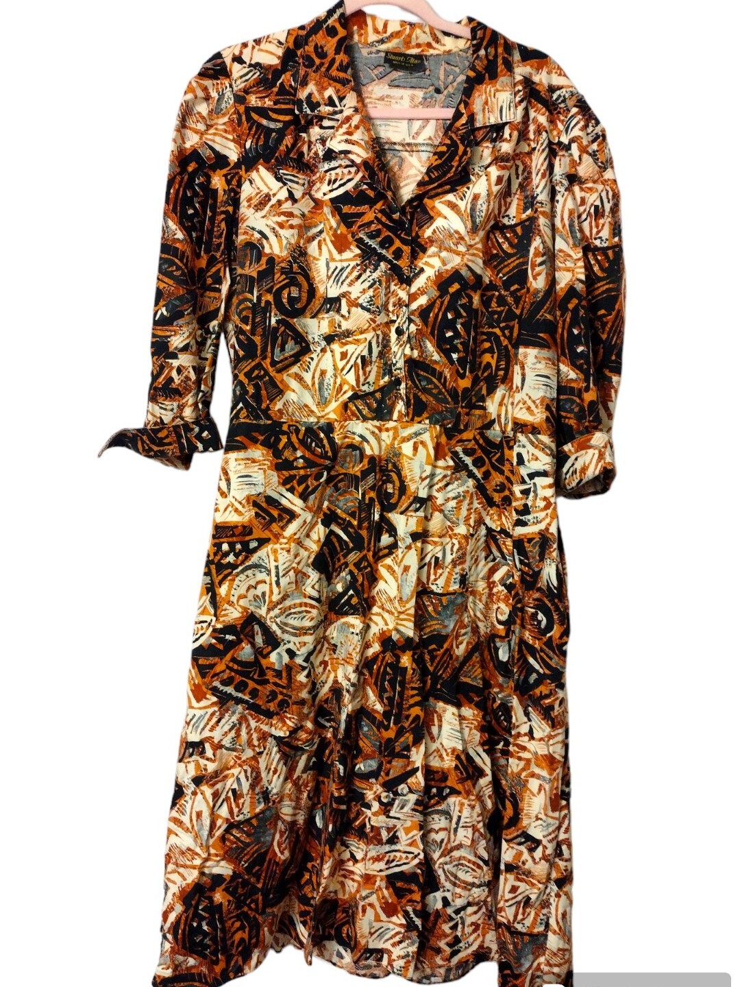 Stuart Alan Size 18 Vintage A-line Brown Print Dress Button Front Collar Womens