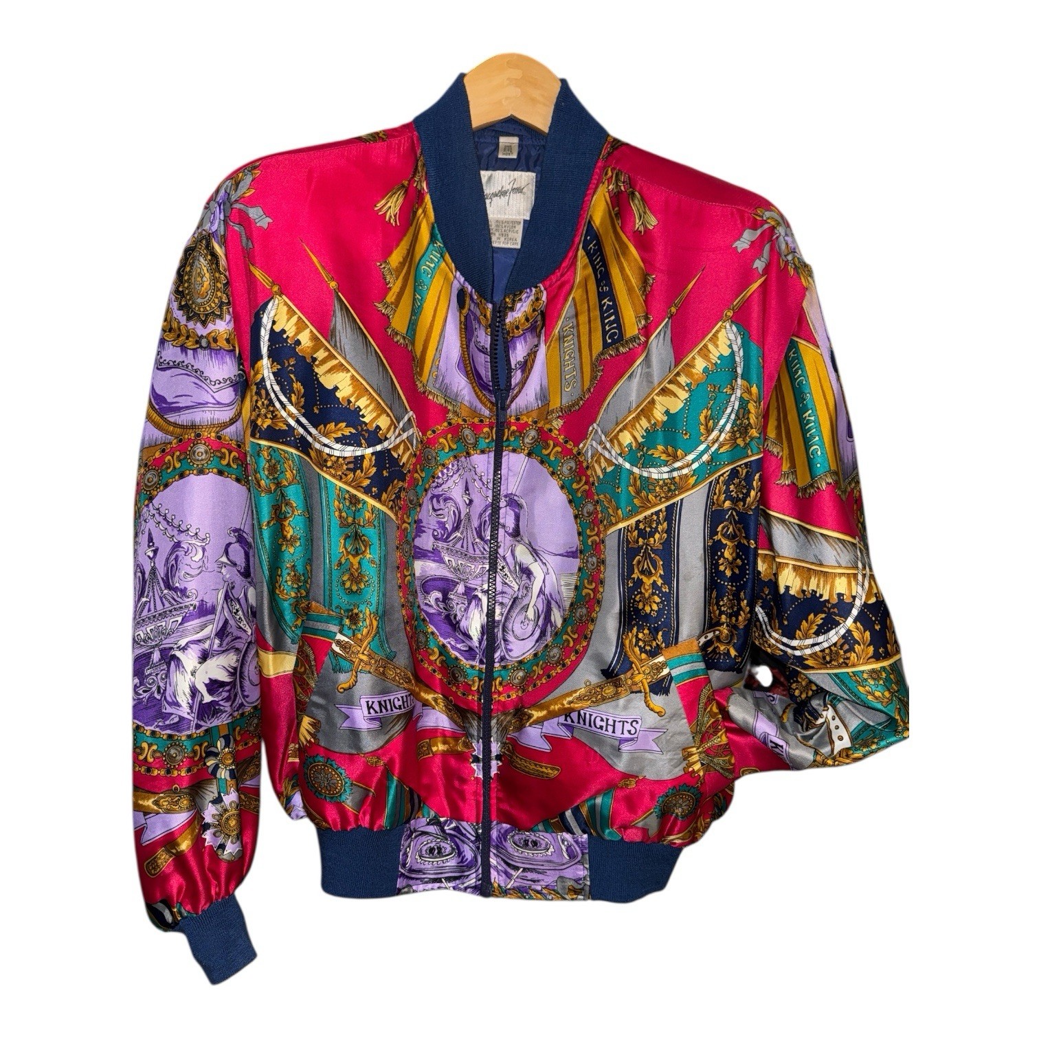 Jacqueline Ferrar Vintage Bomber Jacket Knights Heraldic Satin Oversized