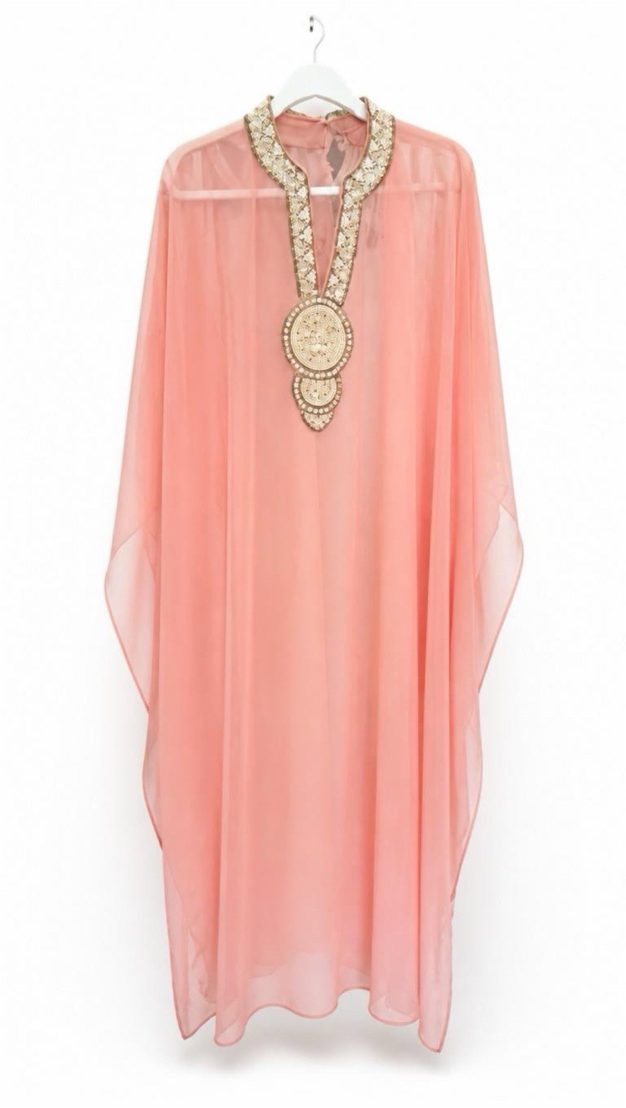 Vintage Hand-Beaded Chiffon Caftan | Blush Pink | 52” Length | 1960’s Glam