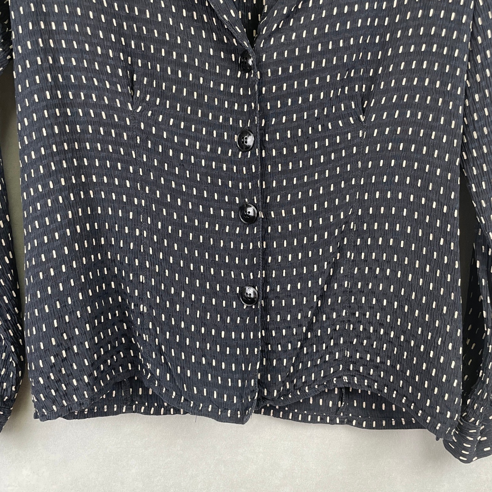 VTG Anne Klein Black Cream Dashed Geometric Texture Power Blouse Shoulder Pads 6