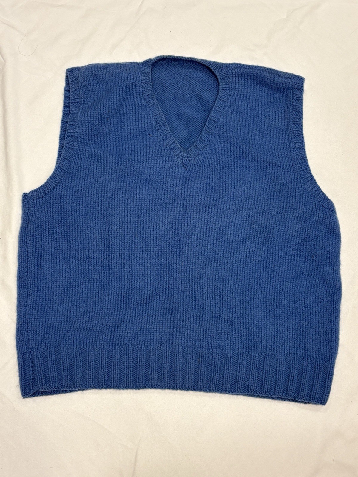 Vintage Hand Knitted V-Neck Sweater Vest Blue Sleeveless Pullover Cozy