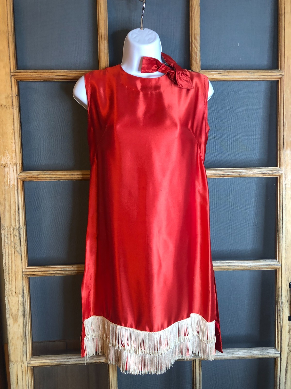 Vintage Red Satin Flapper Dress Womens Halloween Costume Fringe Gatsby
