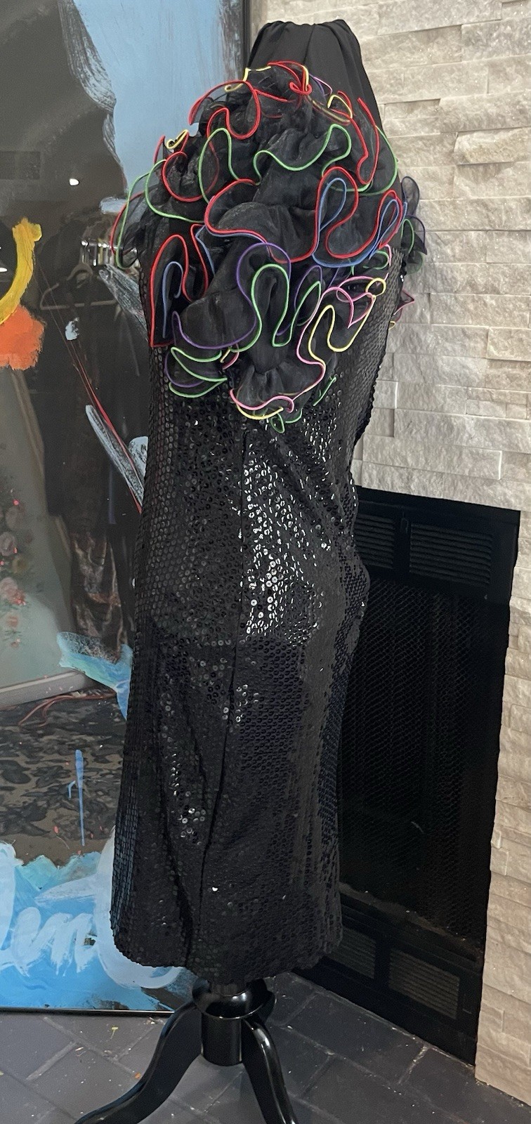 VTG 1980s Black Sequin Colorful Puff Sleeve By Cattiva Size 10 Dynasty
