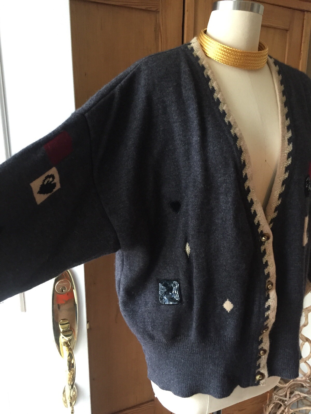 Basler Vintage Cardigan Sweater OOAK Sequin Hearts~Details Galore~ Two Ply L/XL