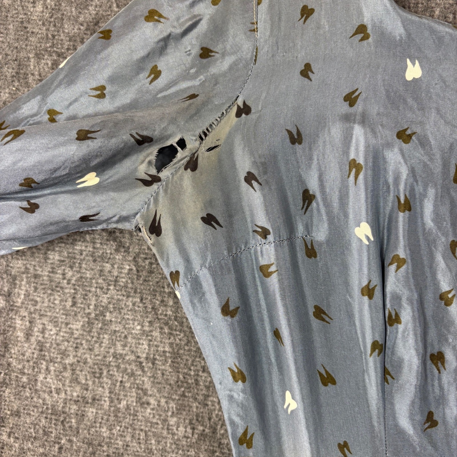 Vintage 50s Fit Flare Novelty Print Dress Blue Grey Silk Study Restoration Piece