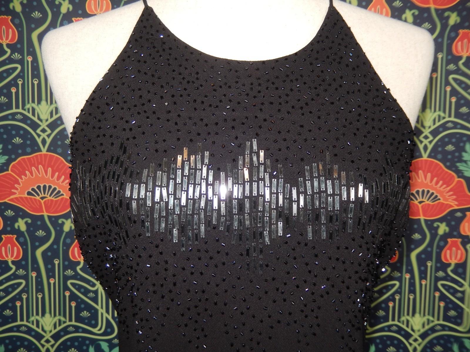 Vintage 90&rsquo;s Y2K Black Beaded Sequin Prom Homecoming Dress Grunge High Neck