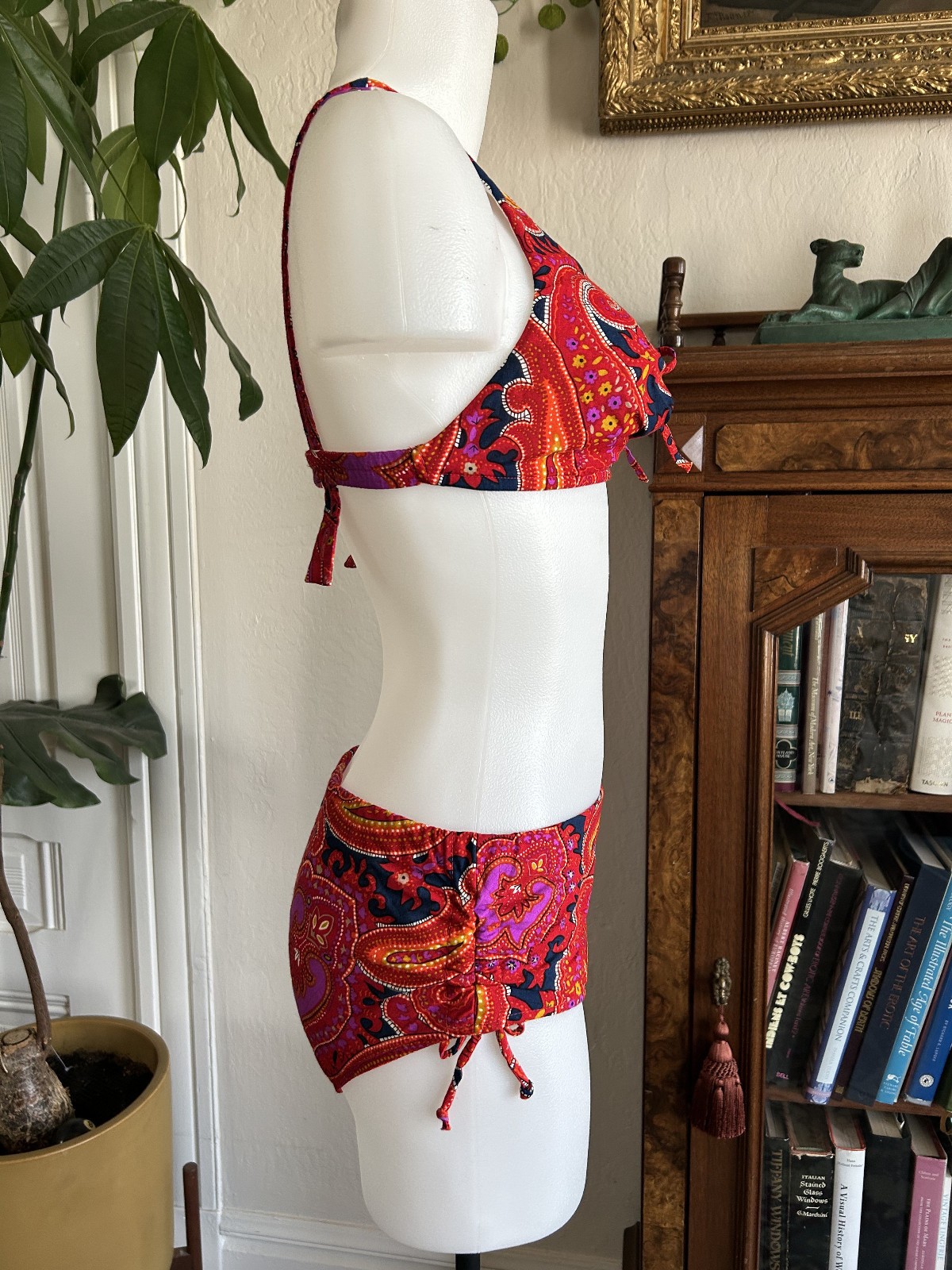 Vintage 1960s 70s Red Psychedelic Paisley Bikini Swimsuit 2pc Bathing Suit SM
