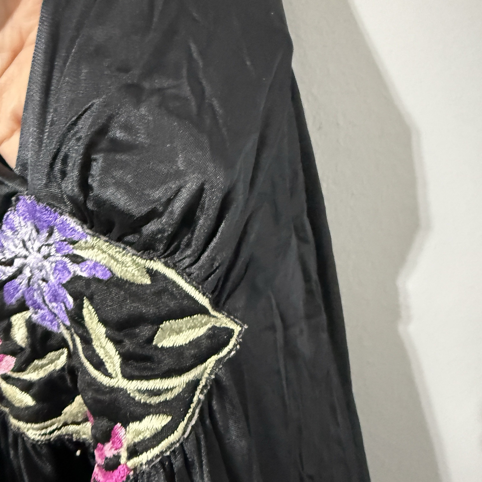 Vintage Vanity Fair Nightgown Black Maxi House Dress Plunge Neck Floral Details