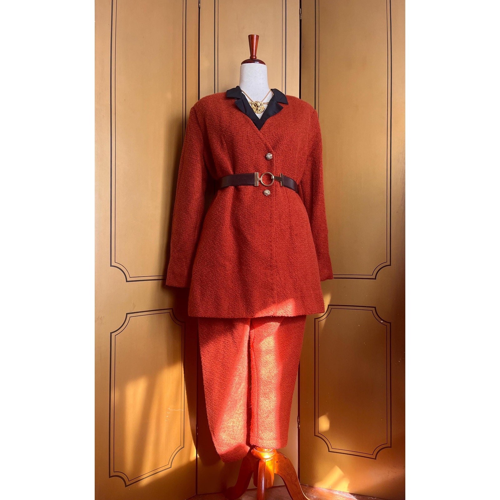 Handmade woolen pantsuit in rust, size 18