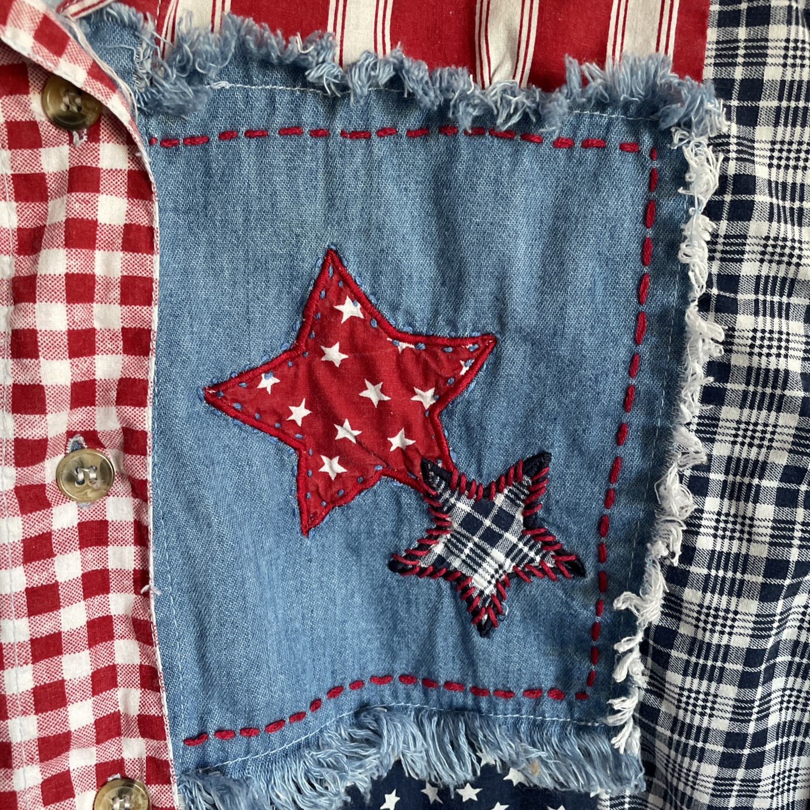 Vintage Denim Chambray Patriotic Patchwork Button Down Large