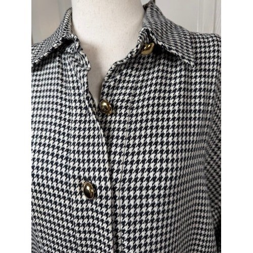 Bill Blass Vintage 90s Houndstooth Knit Shirtdress Black White Gold Button Sz 12