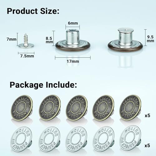 Jeans Button Replacement Screw, Jean Buttons for Loose 17mm 5 Brass + 5 Silver