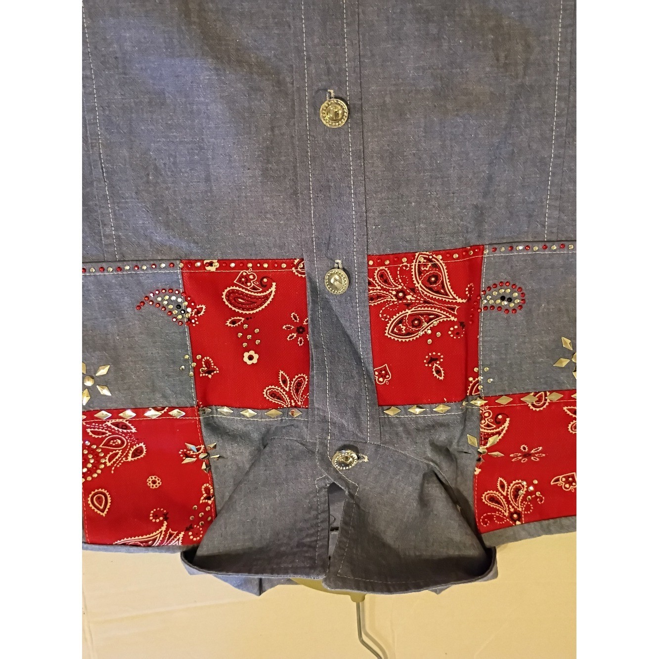 VTG Source Unknown Bandana Panels Embellished Denim Shirt Sz XXL Or 2XL