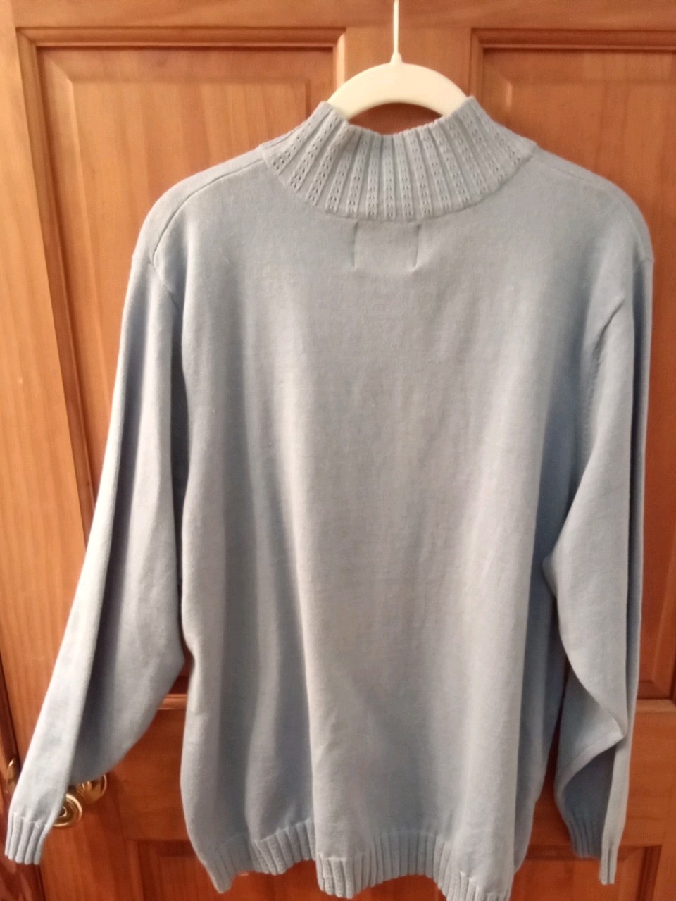 Vtg. Quacker Factory Christmas Sweater. Light Blue With Appliqued Santa. Sz. 1X