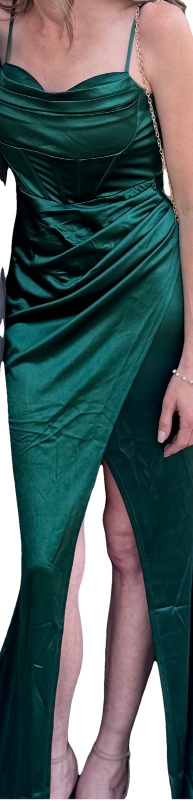 Windsor Dark Green Satin High Slit Maxi Evening Formal Cocktail Gown Dress small