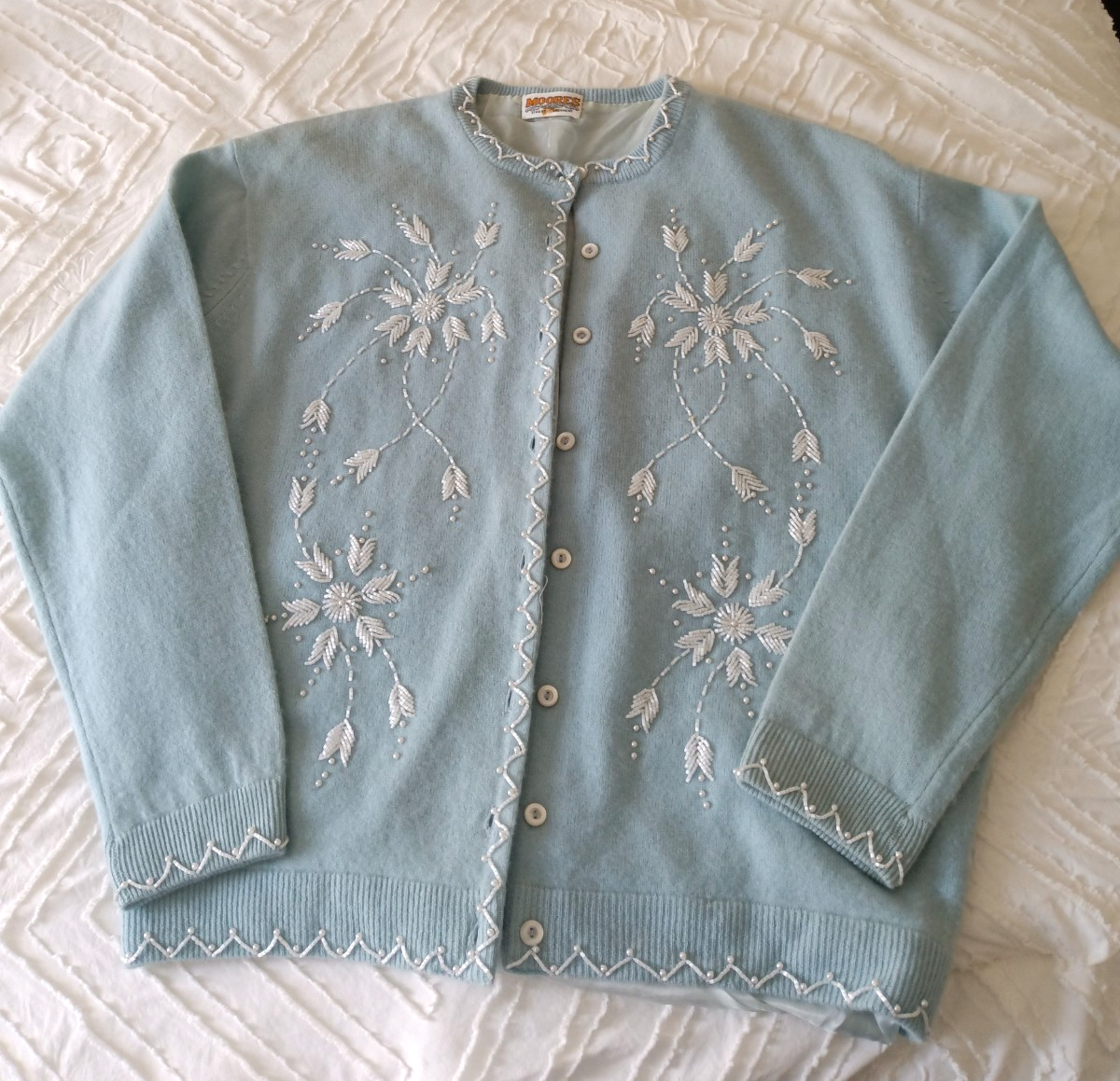 Vintage Moores Cashmere Cardigan Beaded Embroidered Powder Blue Pearl Trim Sweat