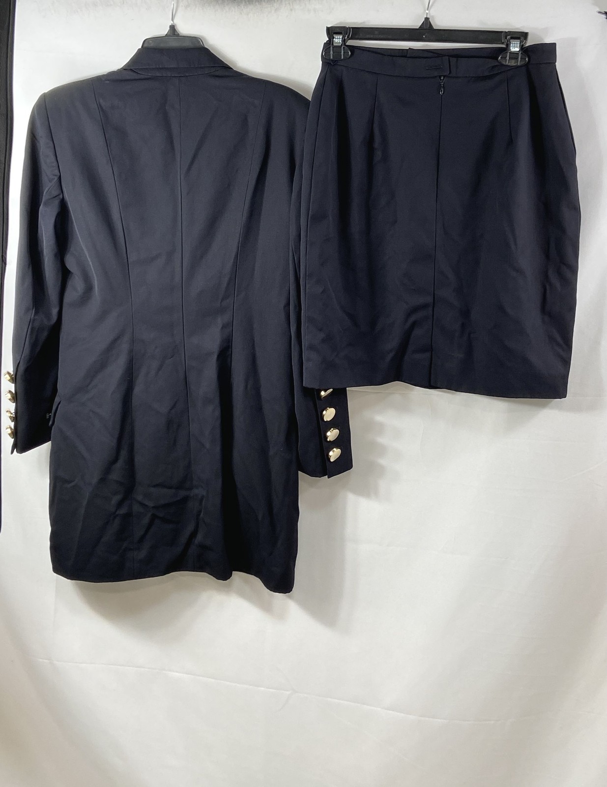 Vintage 90s Escada Women&rsquo;s Navy Wool Double Breasted Suit Blazer Skirt Set Sz 38