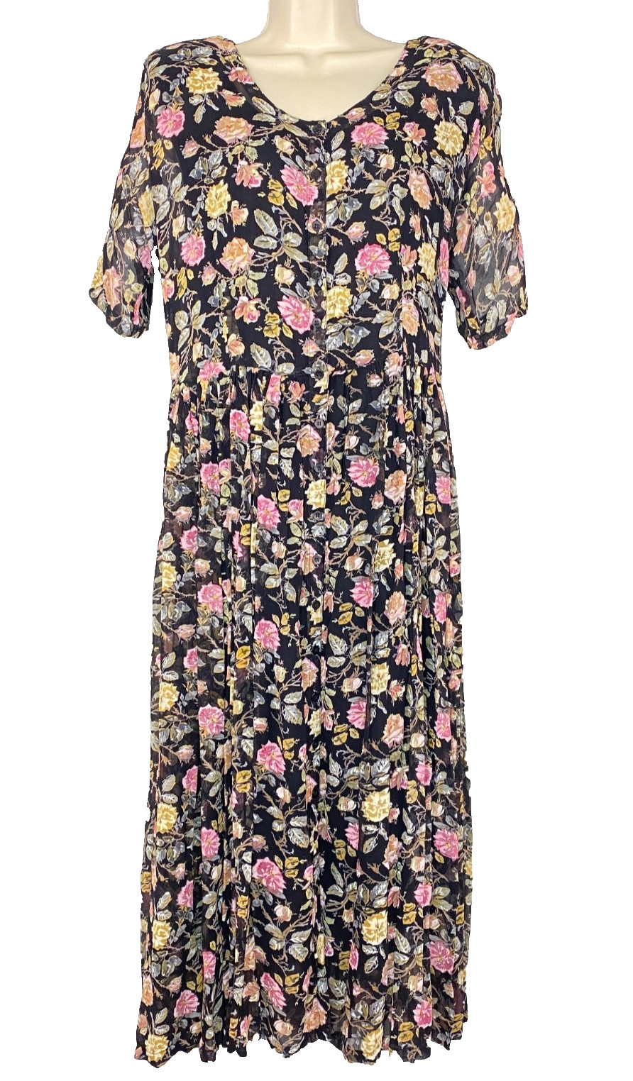 Vintage 1990s pink floral midi dress M rayon short sleeve sheer NOSTALGIA boho