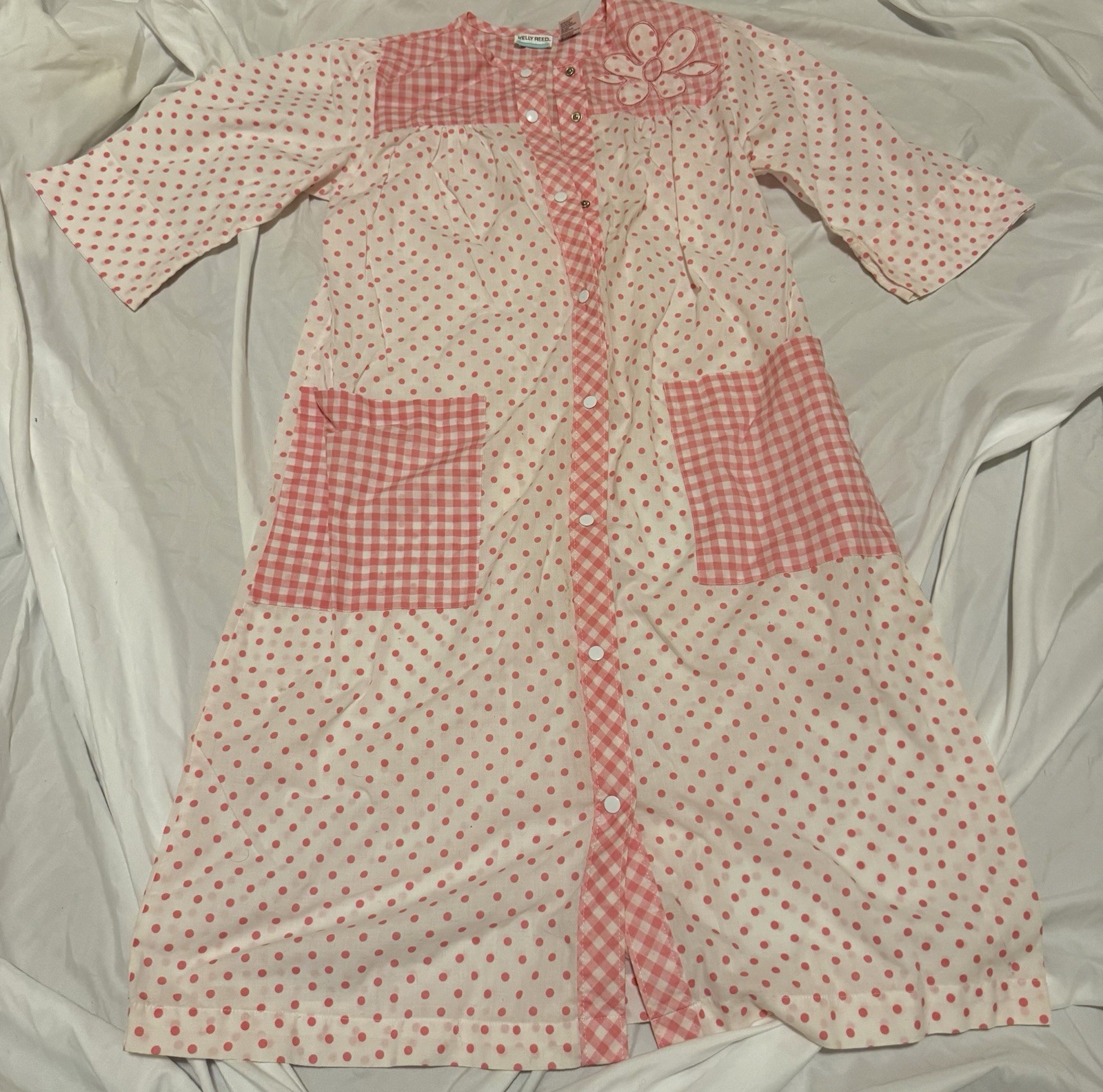 Vintage Kelly Reed Housecoat / Robe – Pink Polka Dot & Gingham – Button Front