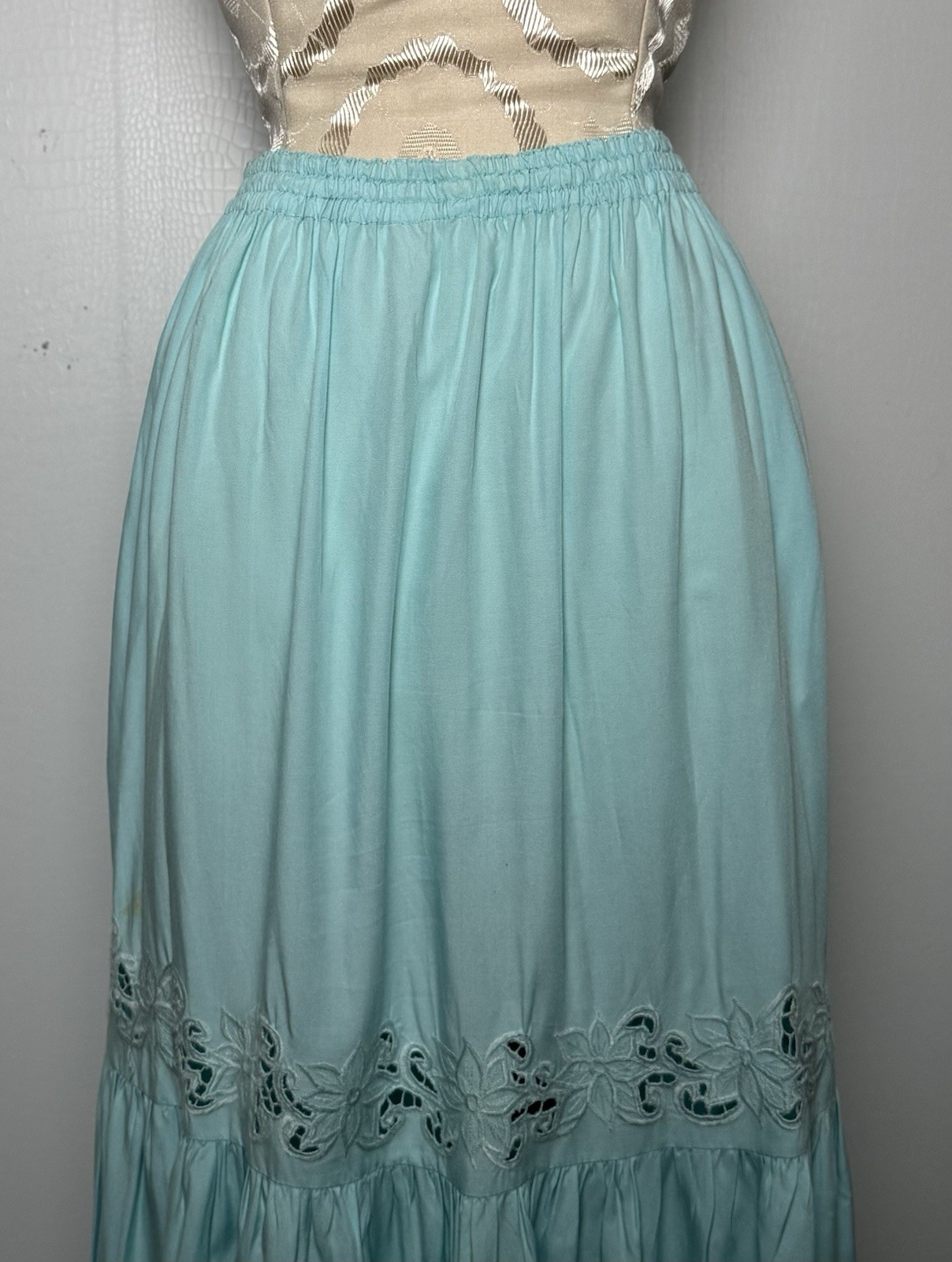 Vintage Aqua Blue Cutwork Lace 2 Pc Dress Set Boho Resort Maxi M