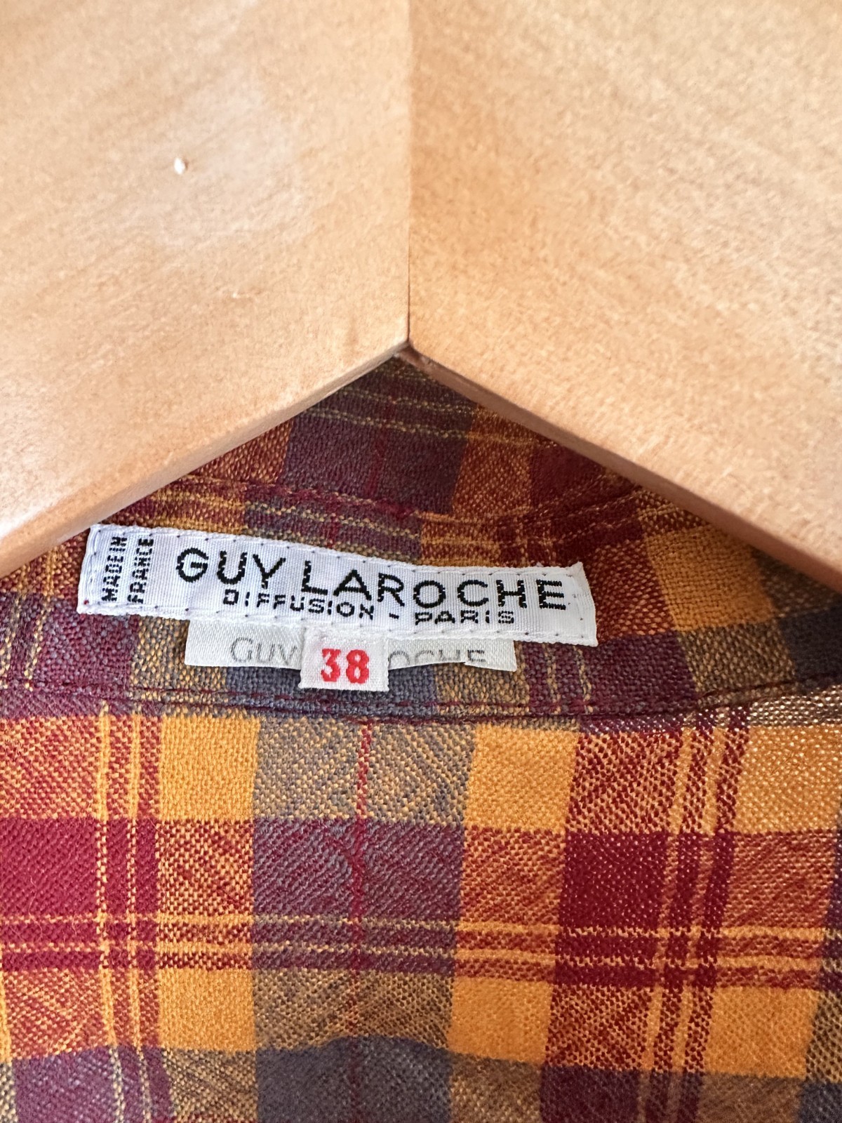 Vintage 70s GUY LAROCHE Paris fine wool plaid ruffle collar blouse top shirt S M