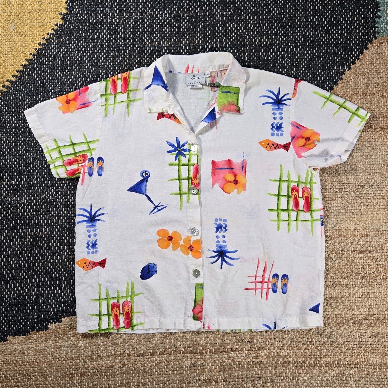 Vintage Tropical Hot Cotton Marc Ware Novelty Print Linen Blend Shirt Womens M