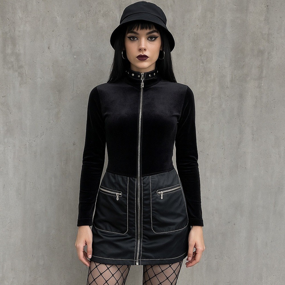 Vintage 90s Paris Blues Black Velvet Nylon Zip Front Mini Dress Y2K Clubwear USA
