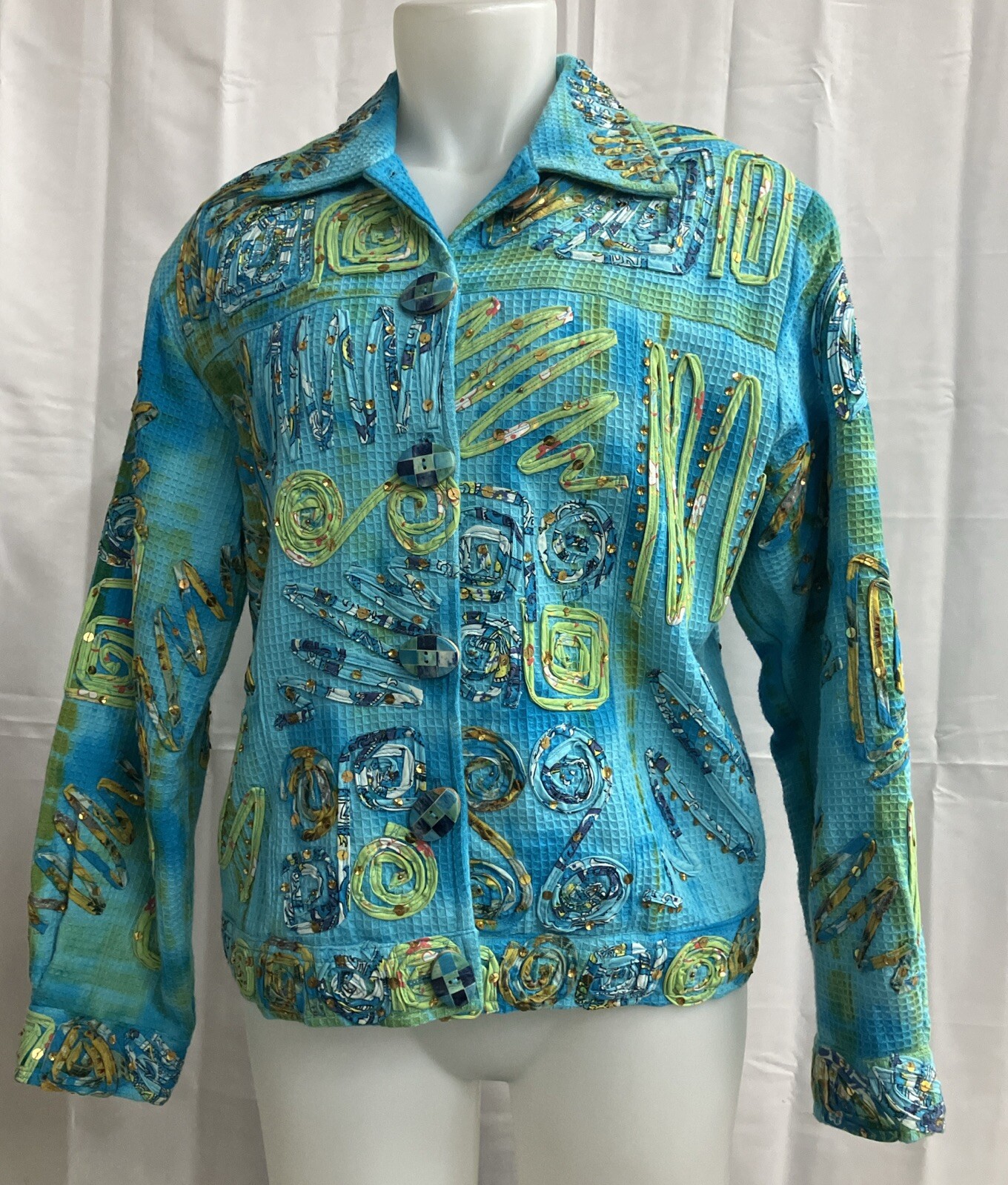 Vintage 90s Turquois Jacket Patchwork Bedazzle Retro CARRIE ALLEN Size Small