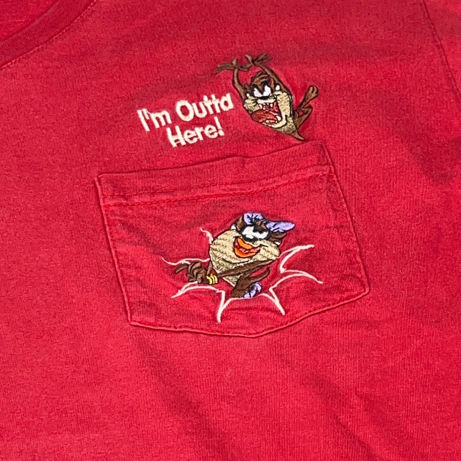Y2K 2001 Taz Looney Tunes « I&rsquo;m Outta Here! » Red V-Neck T-Shirt Women’s XXL Plus