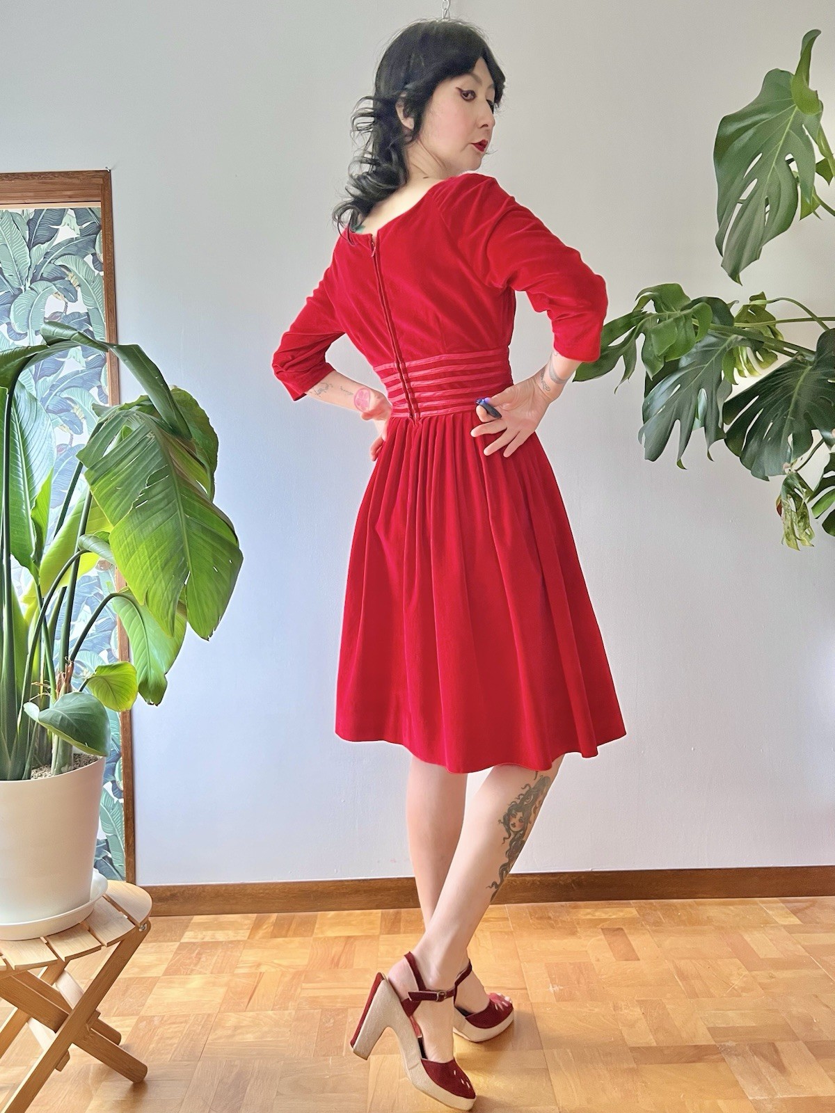 VTG 50s Carol Brent Red Velveteen Cocktail Dress XS/S Rockabilly