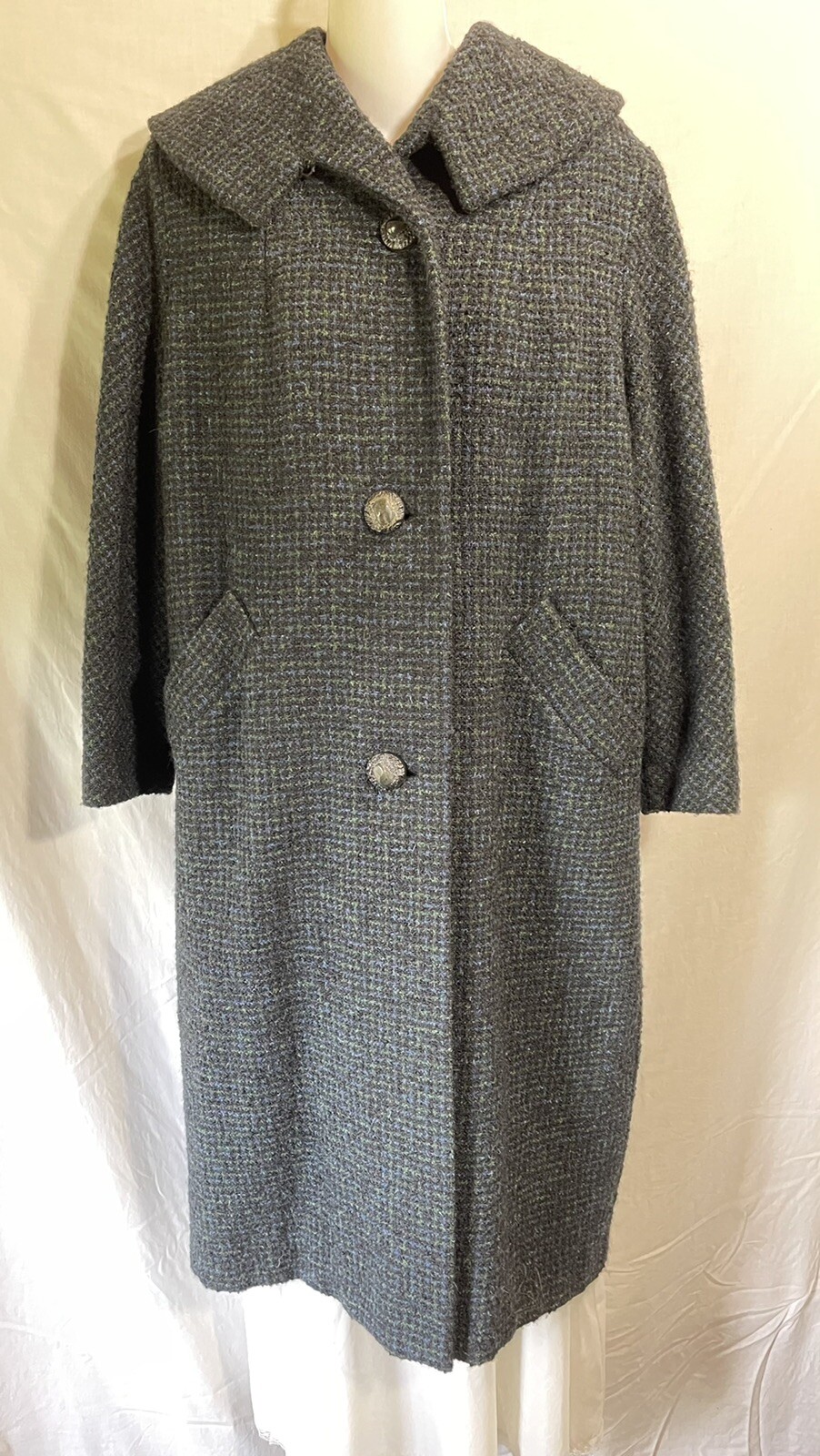 Vintage Coat Size Medium Large Long Wool Black Blue Green Gingham Overcoat M L