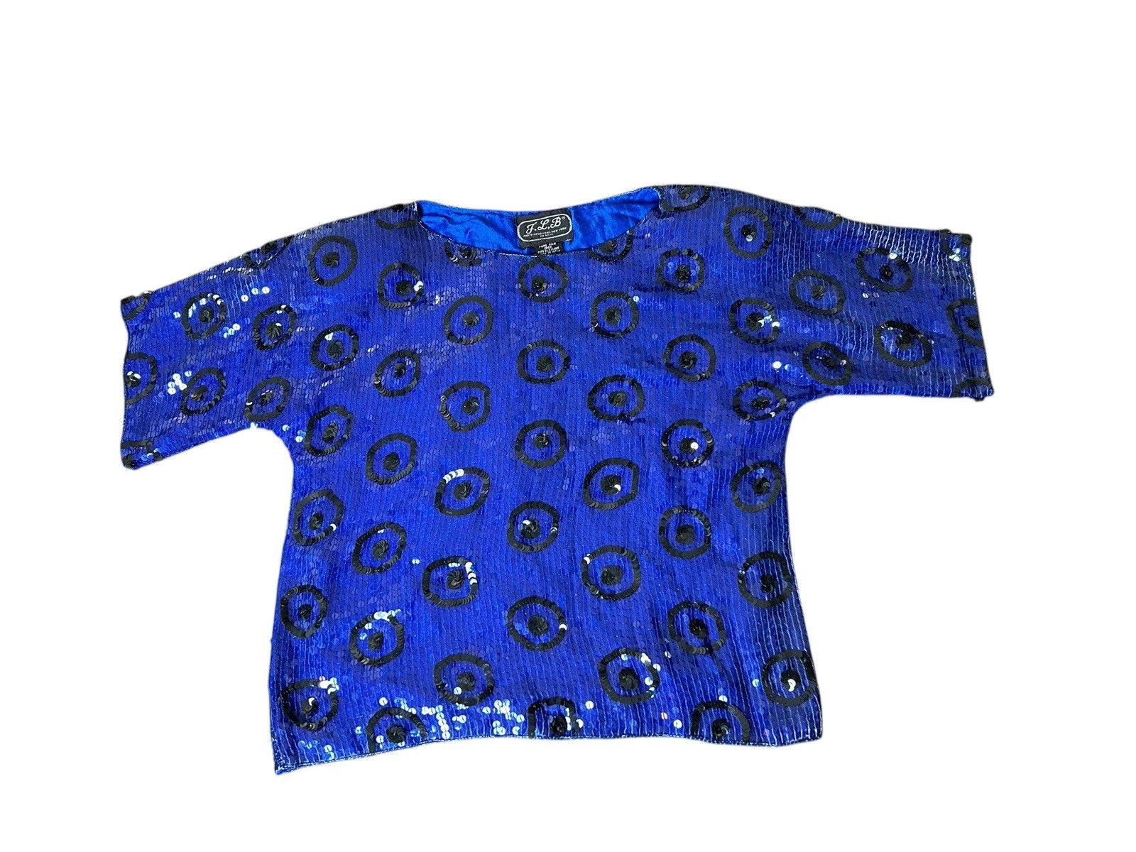 Vtg JLB Sequin Silk Evening Blouse Sz M Royal Blue Short Sleeve Geometric Funky